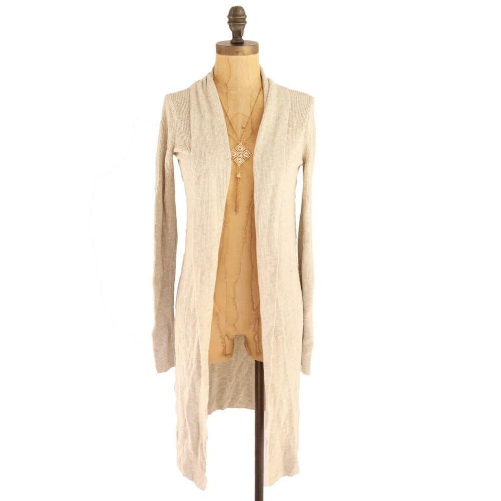 Leith Open Longline Cardigan Sweater Top M/L Rib Knit Oatmeal Beige Repaired B24